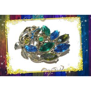 Blue and Green Navette Rhinestone Brooch